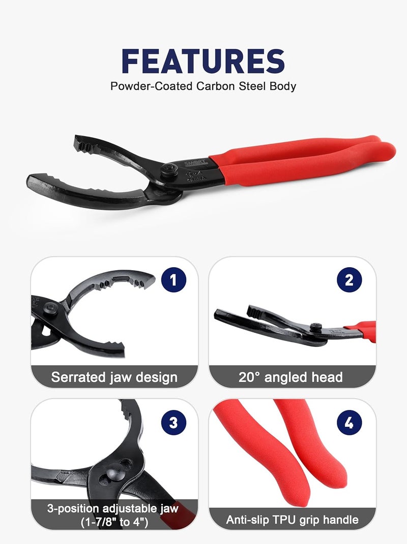 SMART JERRY - Adjustable Oil Filter Wrench | Motorcycle Oil Change Tool | 12'' Oil Filter Pliers for Engine Filter, Conduit, PVC Fitting | Fuel Filter Removal Tool Fit 1-7/8" to 4" Filter - Image 2